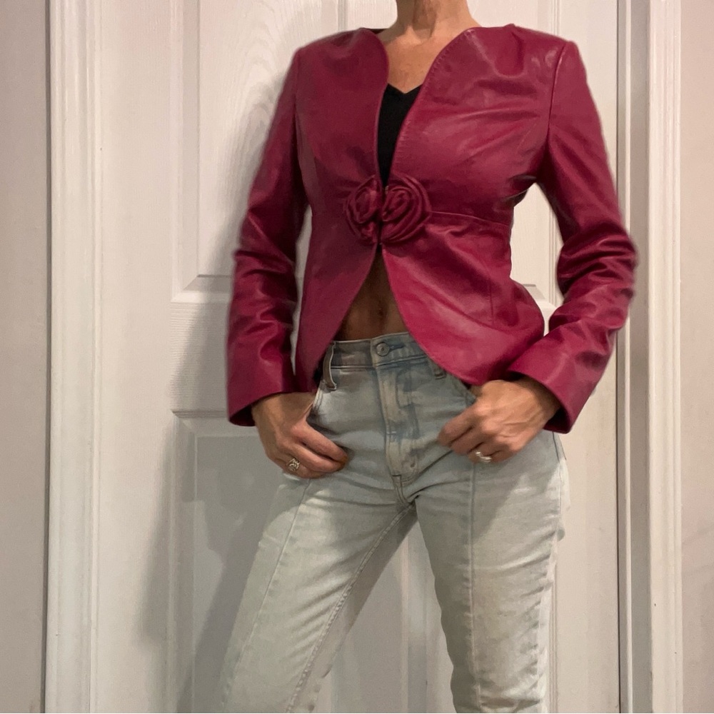 Escada Lambskin Magenta Leather Jacket with floral detail